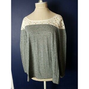 Mystree Womens Long Sleeve Tee Top Gray Eyelet Lace-Trim Solid S